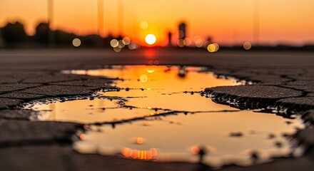 Puddle Reflecting Sunset Over Cracked Asphalt Road
