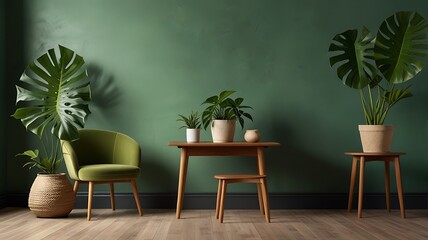 Cozy green room with plants and mid century furniture