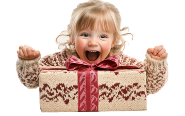 Happy kid unwrapping present with excitement and wonder expressing festive celebration and childhood delight isolated on transparent background PNG