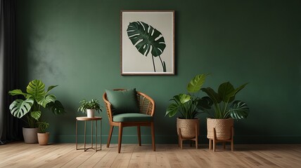 Cozy green living room corner with tropical plants and artwork
