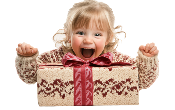 Happy kid unwrapping present with excitement and wonder expressing festive celebration and childhood delight isolated on transparent background PNG