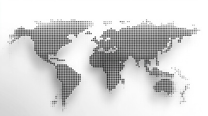 Abstract halftone dots form a world map, symbolizing global connectivity, digital communication, data visualization, and modern technology in a visually striking and conceptual background.
