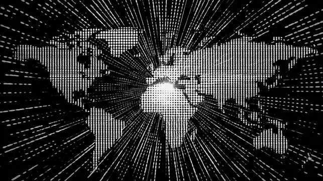 Abstract halftone dots form a world map, symbolizing global connectivity, digital communication, data visualization, and modern technology in a visually striking and conceptual background.
