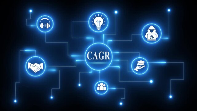 CAGR compound annual growth rate concept with connected icons on dark blue background CAGR business growth