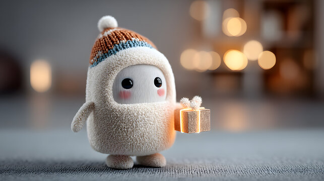 Cute Monster Character with Christmas Gift for Winter Holiday with Bokeh Light Background Illustration