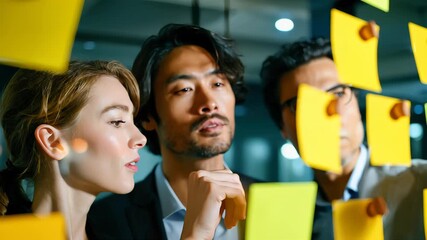 Diverse creative team brainstorming ideas with sticky notes on a glass wall in modern office - Powered by Adobe