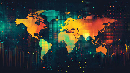 Abstract halftone dots form a world map, symbolizing global connectivity, digital communication, data visualization, and modern technology in a visually striking and conceptual background.
