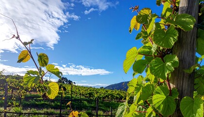 Vineyard with vibrant green foliage and blue sky