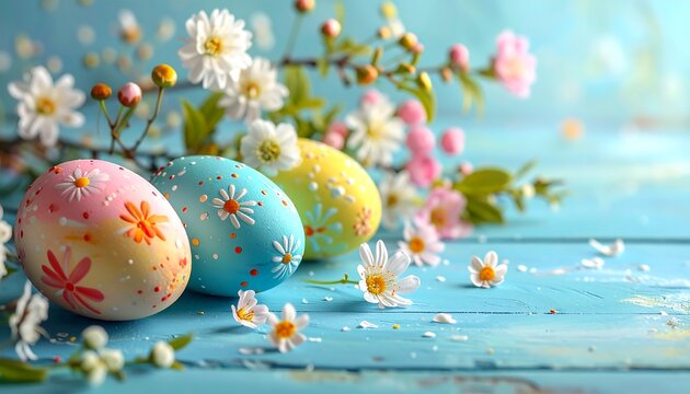 Pastel-colored Easter eggs adorned with floral designs sit amongst delicate spring blossoms on a light blue wooden background