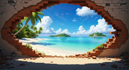 Tropical paradise glimpsed through a broken wall
