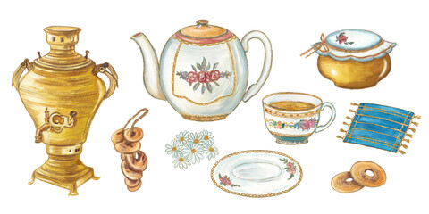 Vintage watercolor illustration of a traditional Russian tea set with samovar, teapot, cups, bagels, and chamomile flowers on a blue tablecloth. Cozy folk art in warm tones.