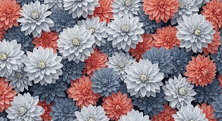 A Beautiful Pattern of Coral Blue and White Dahlia Flowers