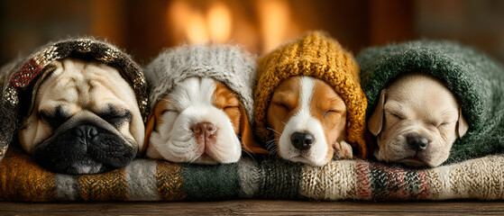 Adorable Puppy Group Sleeping Peacefully in a Cozy Bed with Warm Hat for the Holiday