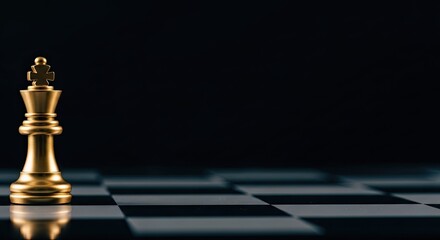 Golden King chess piece standing on a dark chessboard representing strategy and leadership
