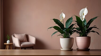 Two potted peace lilies on a wooden table in a softly lit room