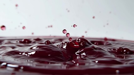 Close-up macro shot of a vibrant red liquid splashing, creating intricate patterns and suspended droplets against a clean white background - Powered by Adobe