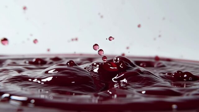 Close-up macro shot of a vibrant red liquid splashing, creating intricate patterns and suspended droplets against a clean white background - Powered by Adobe