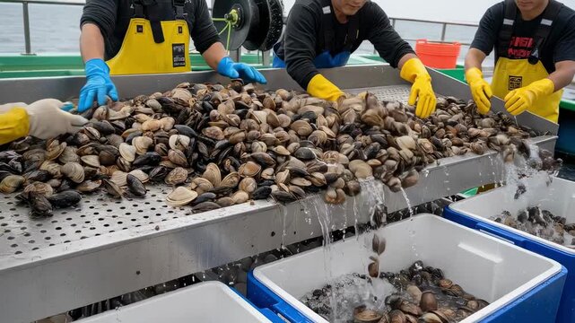 Hands sorting and rinsing shellfish over a draining table emphasizing the use of iced storage bins ready for quick preservation on board.