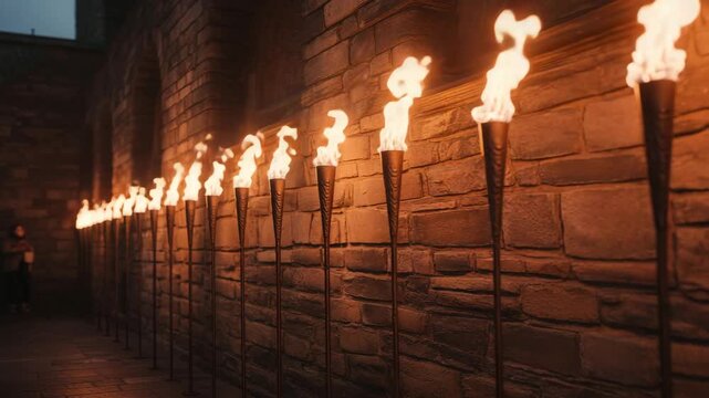 Enchanting torches line a stone wall, casting a warm glow on a mysterious medieval scene, perfect for fantasy stories and historical reenactments