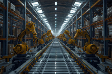 Automated future, rows of robotic arms and conveyor belts in a modern distribution warehouse