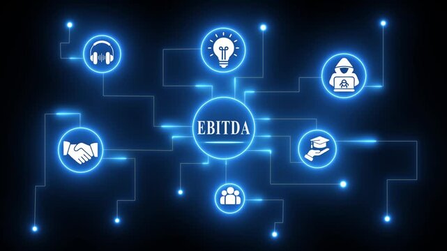 EBITDA financial metric concept with connected icons on dark blue background EBITDA earnings before interest taxes depreciation amortization