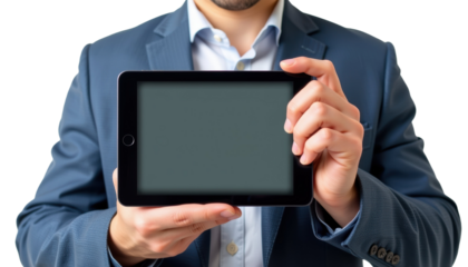 Businessman Holding Tablet Office Setting Digital Presentation Professional Environment Close-Up View Technology Concept