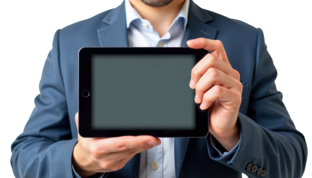 Businessman Holding Tablet Office Setting Digital Presentation Professional Environment Close-Up View Technology Concept