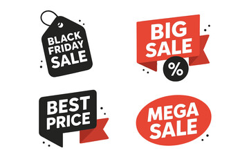 Black Friday sale tags set. Special offer, big sale, best price, mega sale banner. Shop or online shopping discount sticker, badge, coupon for store. Vector illustration.