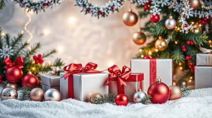 Christmas gifts and baubles under a decorated fir tree with soft snow and copy space for text
