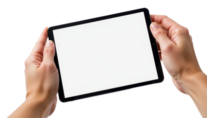 Hands Holding a Tablet Modern Office Digital Interaction Professional Environment Close-Up View Technology Concept