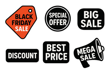 Black Friday sale tags and stickers set. Special offer, big sale, best price, and discount labels for retail promotion. Online shopping banner and coupon vector illustration.