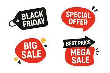 Black Friday sale tag and special offer sticker set. Big sale, best price, and mega sale banner for store or online shopping. Discount coupon and promotional badge vector icon.