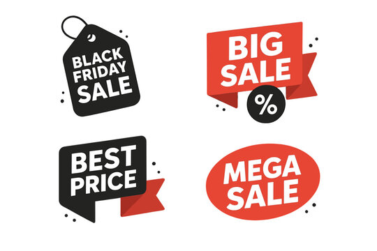 Black Friday sale tags set. Special offer, big sale, best price, mega sale banner. Shop or online shopping discount sticker, badge, coupon for store. Vector illustration.