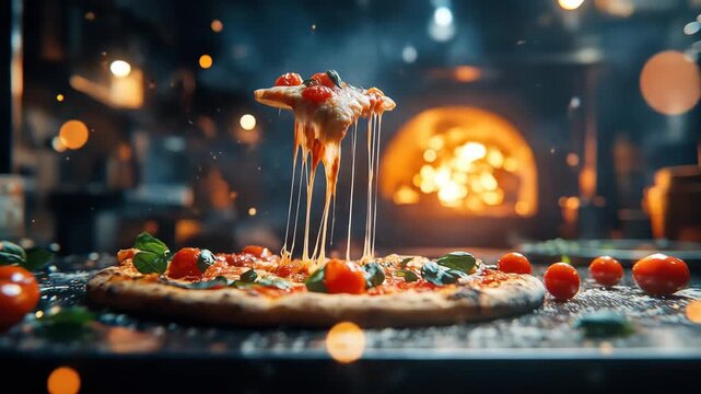 Pizza slice with stretchy cheese, fresh tomatoes, basil, against a warm oven glow