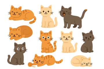 Cute cats vector elements set. Bundle of funny cartoon kittens lying, sitting, sleeping, playing. Domestic pet character expressions, emotions. Isolated animal creator kit.