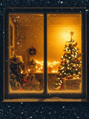 A cozy, brightly lit Christmas scene viewed through a snowy window at night, featuring a decorated Christmas tree, gifts, and falling snow outside.