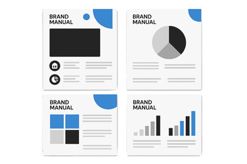 Brand manual template set. Business brochure layout design. Company identity guide. Corporate brand book pages. Marketing report with charts, graphs. Vector for communication.