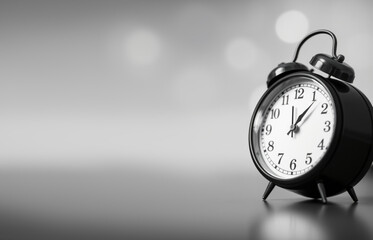 Classic analog alarm clock on a blurred grey background with copy space.