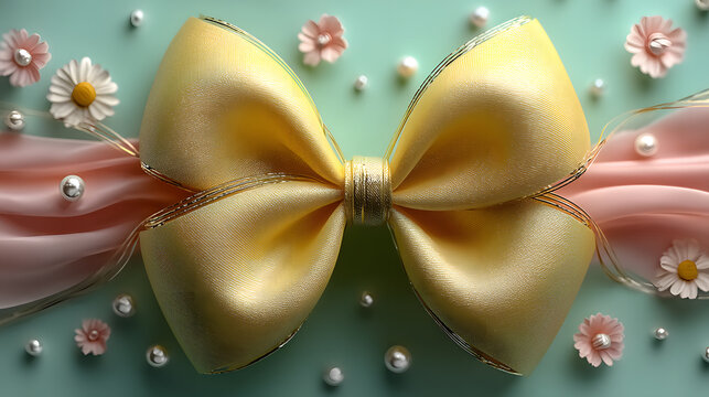 Elegant Golden Gift Bow With Pink Ribbon And Pearl On A Soft Green Background
