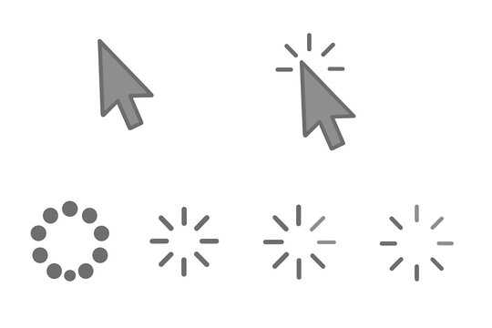 Computer mouse arrow cursor icons set, gray vector illustration, click pointer, loading spinner graphics, transparent background, user interface design symbols, digital elements.