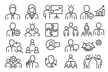 Business and teamwork line icon set. Corporate concepts like leadership, management, collaboration, strategy, growth, success, and communication. Vector graphic symbols for web.
