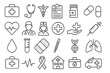 Medical and health care icon set in thin line style. Vector collection of medicine symbols for web and mobile. Doctor, nurse, hospital, pharmacy, ambulance, and first aid icons.