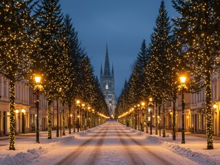 Naklejka premium A snow-covered street illuminated by warm string lights on trees, leading to a distant cathedral under a twilight sky, creating a magical winter scene.