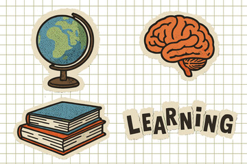 Back to school learning concept collage. Education and knowledge symbols. Globe, books, brain icons. Study, geography, mind, intelligence. Trendy zine style torn paper vector set.