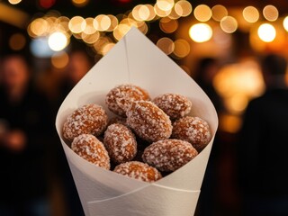 A paper cone holds sugar-coated, deep-fried snacks, likely fritters or candied almonds, against a bokeh background of warm market lights and blurred figures.