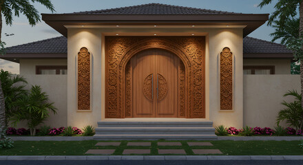 Beautiful traditional wooden doors with intricate carvings and symmetrical patterns, framed by cultural architectural facades. Warm natural tones emphasize craftsmanship and heritage.