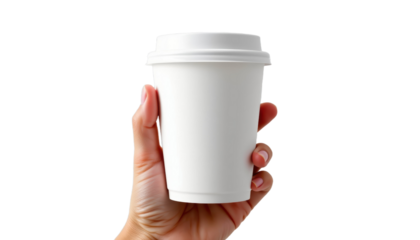Hand Holding a White Coffee Cup Coffee Shop Product Photography Urban Setting Close-Up View Beverage Concept