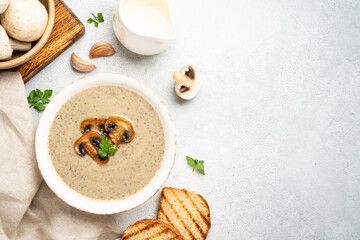 Mushroom soup on white background with ingredients for cooking.