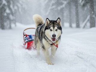 Naklejka premium A beautiful husky with striking blue eyes pulls a red sled through a snowy winter landscape with falling snow. The dog is energetic and happy, running towards the camera.