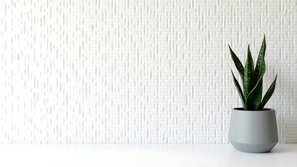 Snake plant in a modern gray pot against a textured white wall